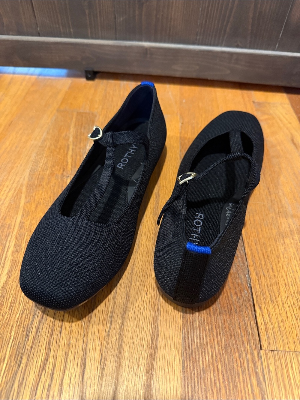 Rothy's Women’s Black Knit Mary Jane Flats with Blue Heel Accent NEVER WORN